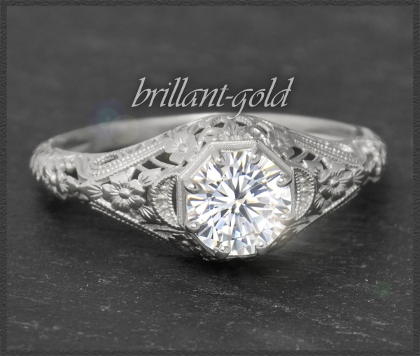 Diamant Ring, 0,91ct Solitär, 585 Weißgold, Jugendstil Design